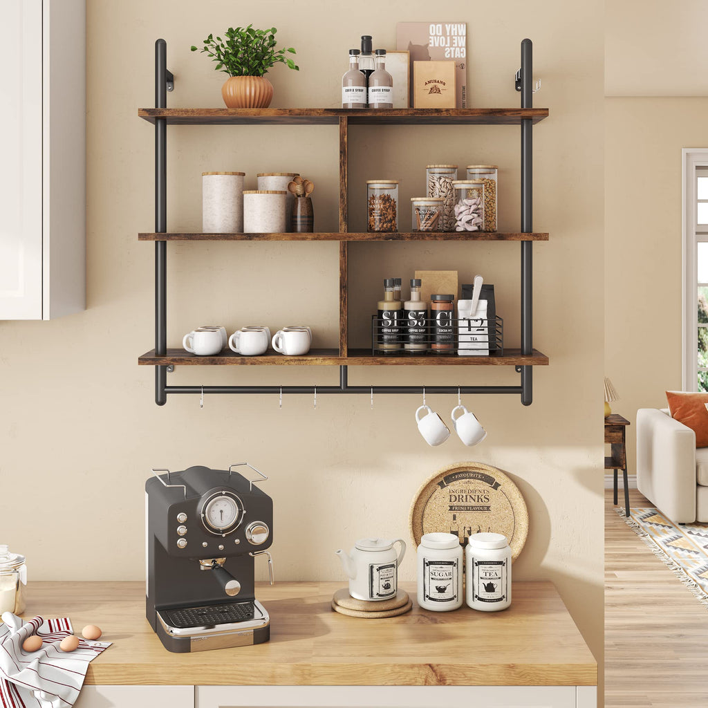 Bestier 41.5" Floating Shelves for Wall 3 Tier Kitchen Shelves Wall Mounted Coffee Bar Shelf Hanging Shelf with 8 Hooks, Industrial Display Pipe Shelving for Kitchen Living Room Bathroom, Rustic Brown