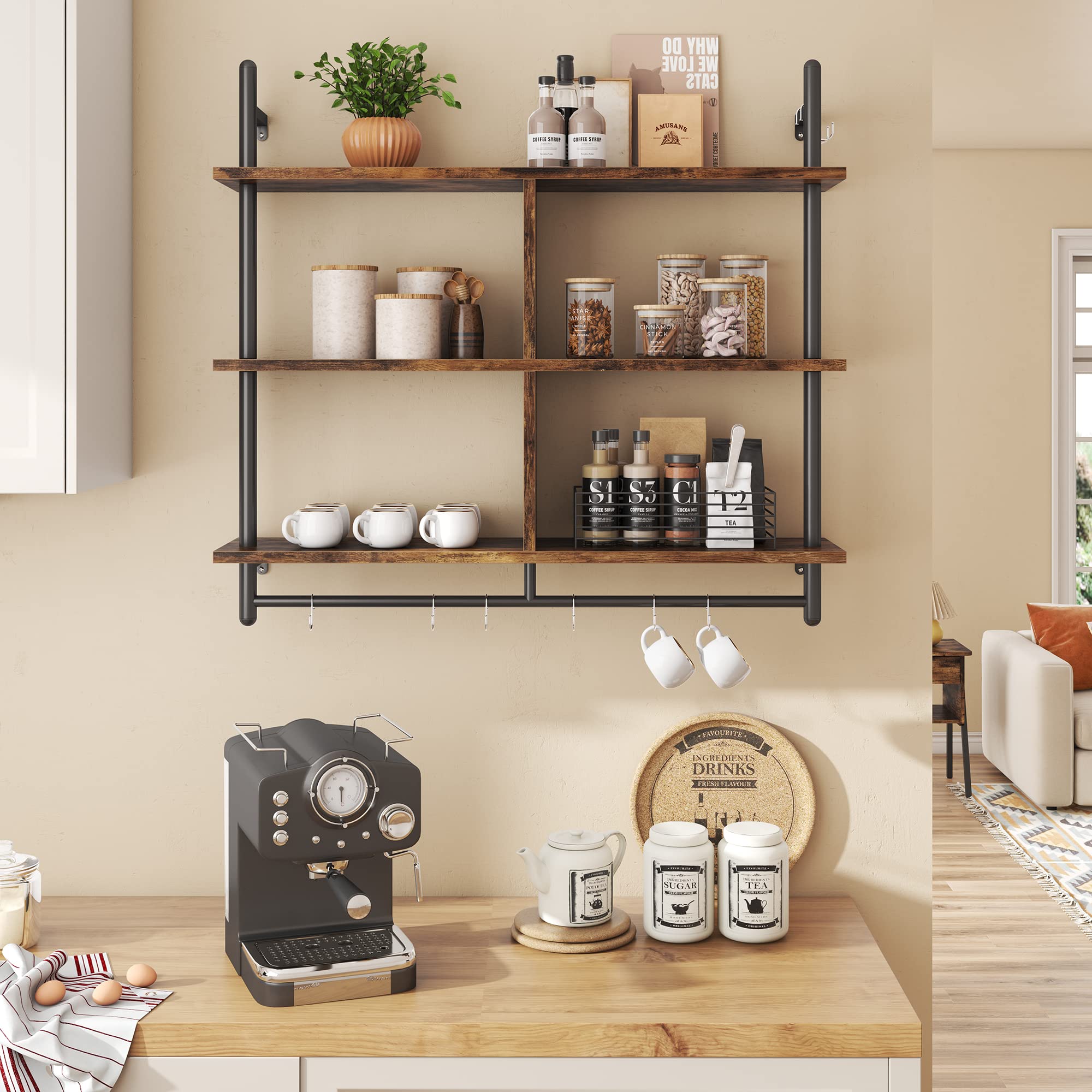 Bestier 41.5" Floating Shelves for Wall 3 Tier Kitchen Shelves Wall Mounted Coffee Bar Shelf Hanging Shelf with 8 Hooks, Industrial Display Pipe Shelving for Kitchen Living Room Bathroom, Rustic Brown