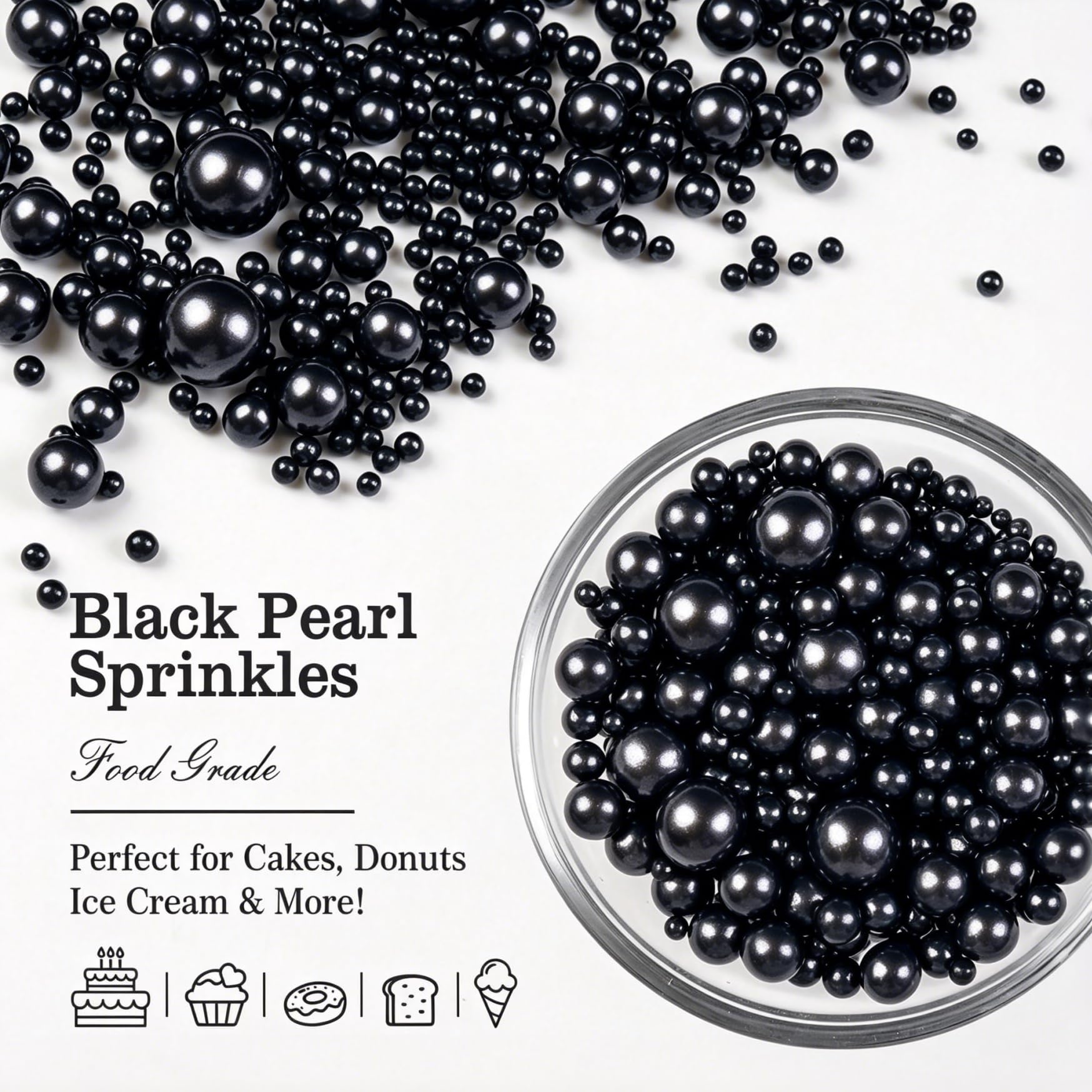 Edible Black Pearl Sprinkles for Cake Decorating, Black Pearl Sugar Sprinkles, 150g/5.29oz, Baking Cake Decorations, Food Grade Toppers, Cupcakes, Cookies, Birthday, Wedding Party Holiday Supplies