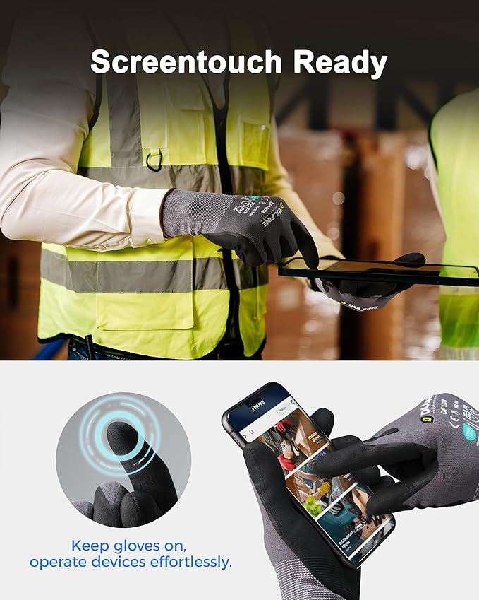 DULFINE Safety Work Gloves MicroFoam Nitrile Coated-6 Pairs Pack,Seamless Knit Nylon Glove with Black Micro-Foam Nitrile Grip,Ideal for General Purpose,Automotive,Home Improvement,Painting(Medium)