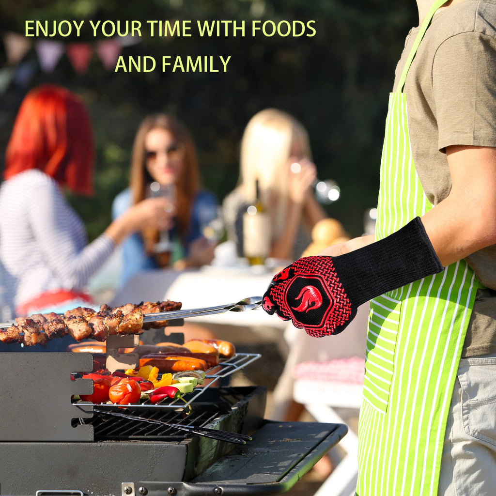 BBQ Gloves 1472F Heat Resistant Non-Slip Silicone 13.8in (Red)