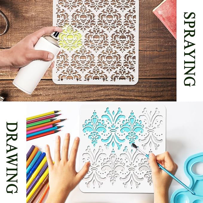 12PCS Large Mandala Stencils 12 x 12 Inch Damask Stencils for Walls Large Texture Drawing Templates with Brushes Mandala Templates for Painting on Wood Furniture Canvas Paper Fabric