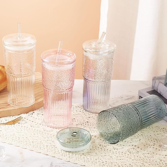 GOSCHE 20oz Glass Cups with Straws and Lids, Drinking Jar 2 Packs, Iced Coffee Cups Glass Tumblers for Water Smoothie Milkshake, Iridescent