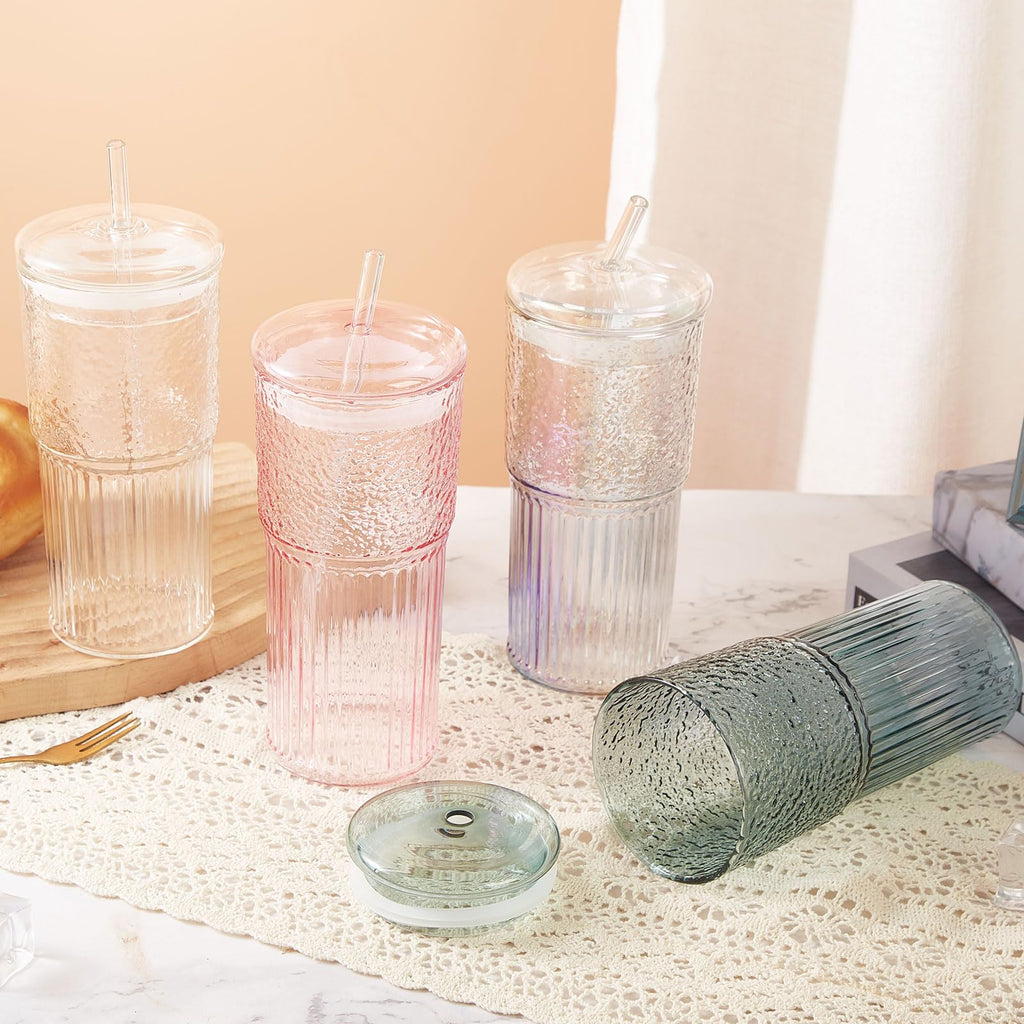 GOSCHE Glass Coffee Cups with Lids and Straws, 20oz Drinking Jar Glass Tumbler for Iced Coffee, Vintage Ripple Glassware Smoothie Cups, Pink, 2Pcs