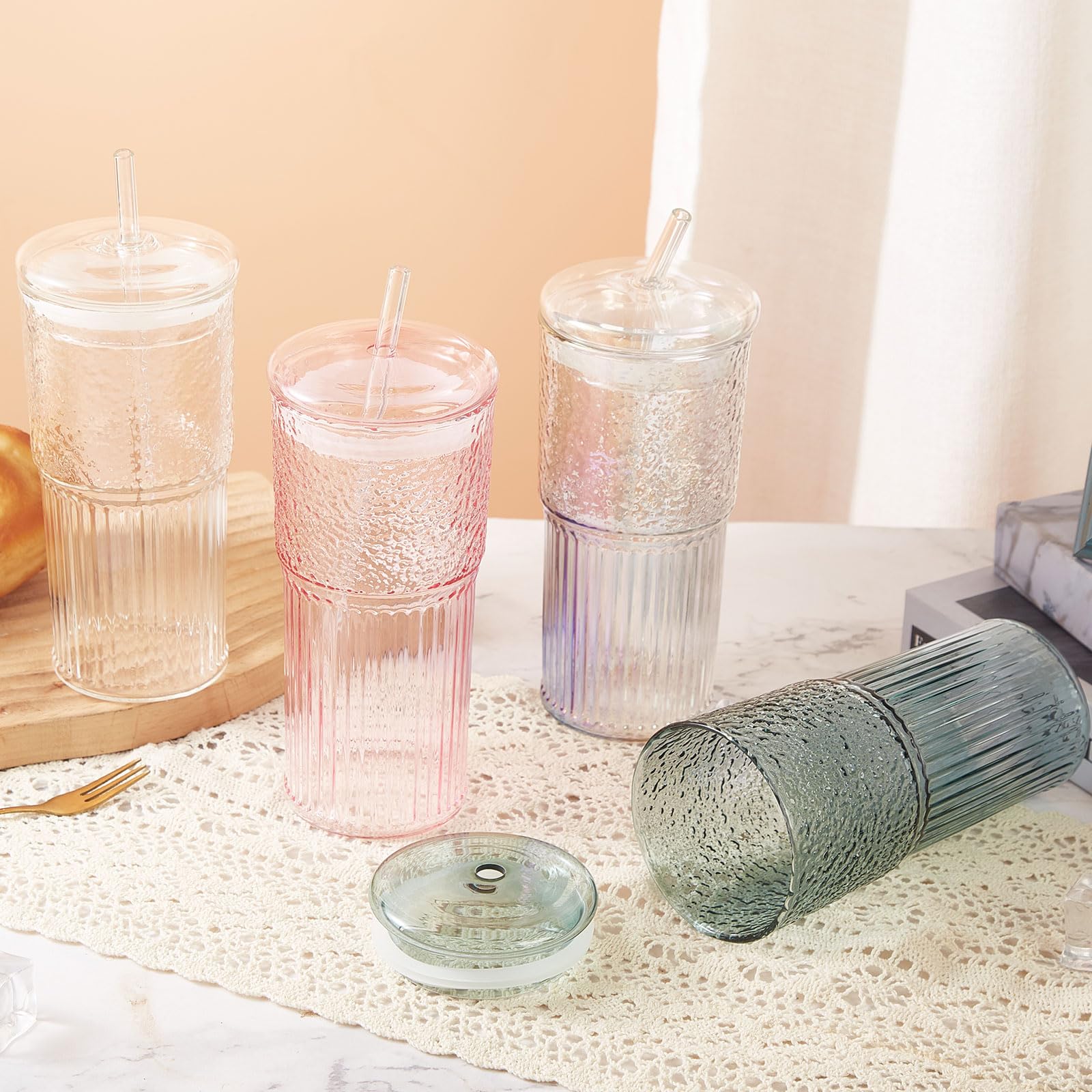 GOSCHE Glass Coffee Cups with Lids and Straws, 20oz Drinking Jar Glass Tumbler for Iced Coffee, Vintage Ripple Glassware Smoothie Cups, Pink, 2Pcs