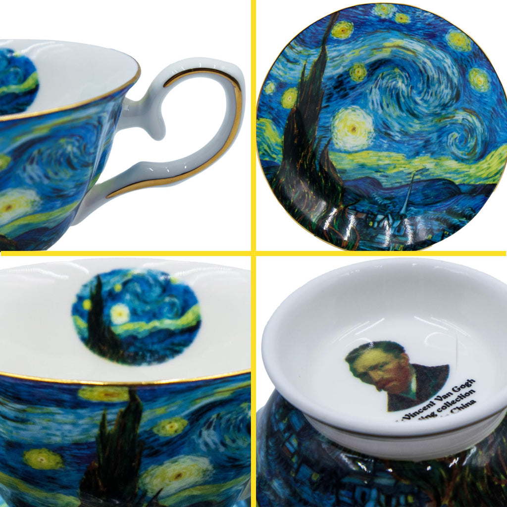 AOTELIDA Floral Tea Cups Saucers Set of 2, Bone China 7 oz British Teacups Porcelain Coffee Cup for Rose Tea Cappuccino Espresso Latte (Starry Sky & Starry Sky)