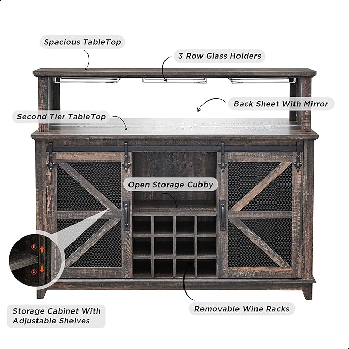 OKD Farmhouse Coffee Bar Cabinet with LED Lights, 55" Wine Bar w/Sliding Barn Door & Wine and Glass Rack, Kitchen Buffet Cabinet w/Storage Shelves for Dining Room,Dark Rustic Oak