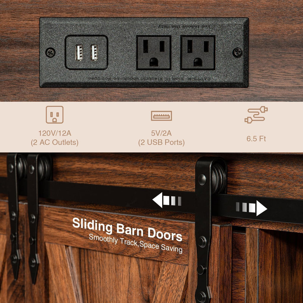 Wnutrees Farmhouse Coffee Bar Cabinet with Charging Station and USB, Brown
