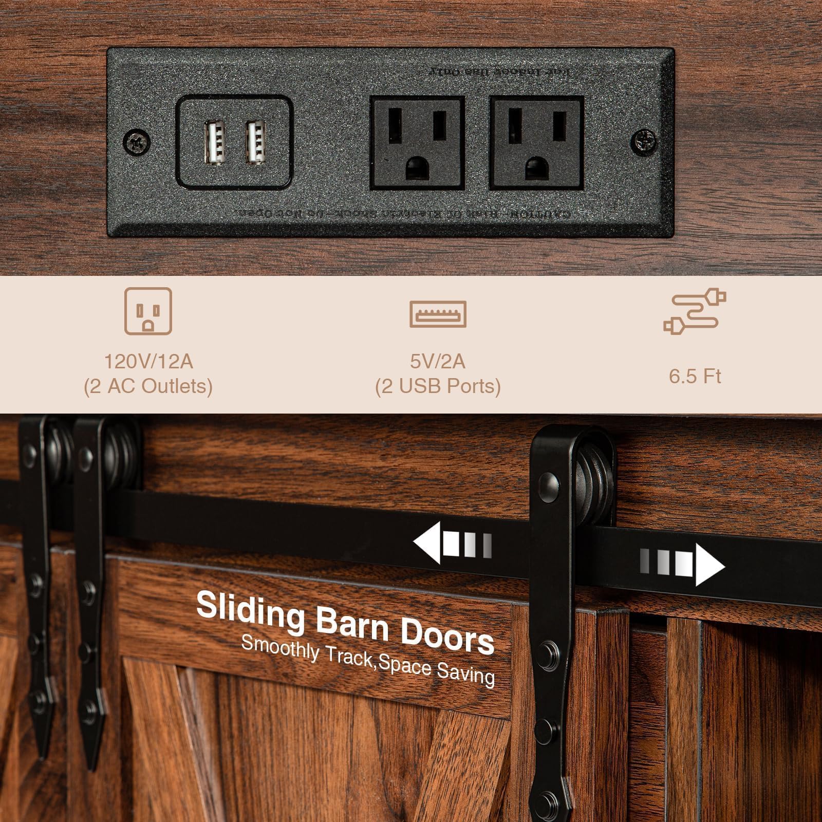 Wnutrees Farmhouse Coffee Bar Cabinet with Charging Station and USB, Brown