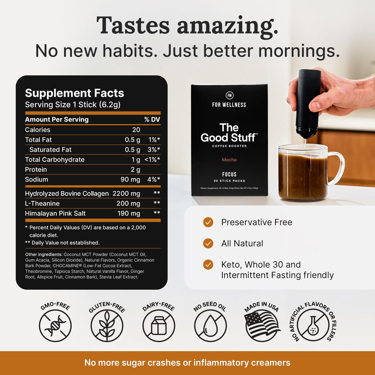 The Good Stuff | Mocha Coffee Booster | Healthy Coffee Creamer for Focus & Energy | Keto, Non-Dairy Creamer Powder with MCT Oil, Collagen & L-Theanine | 30 Servings