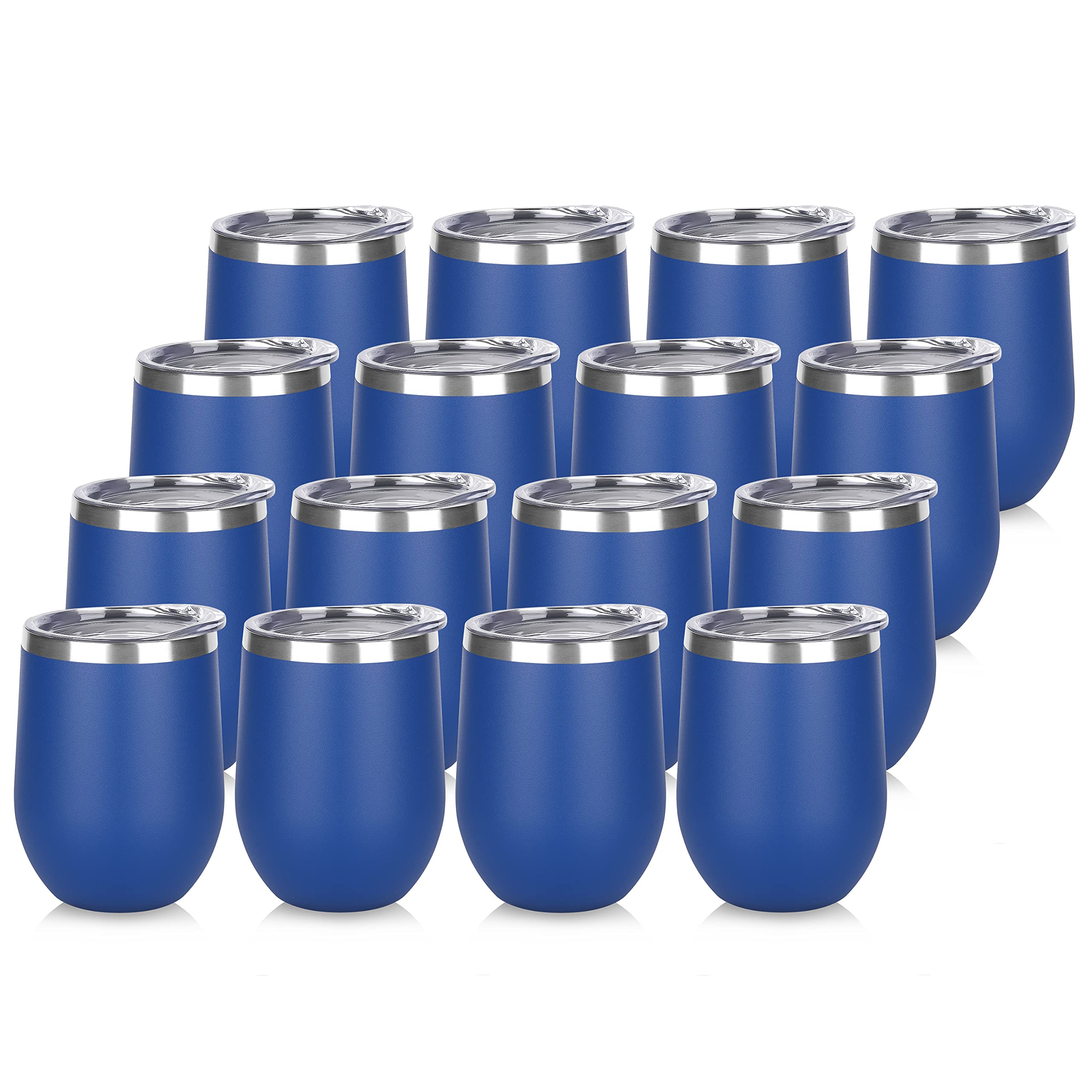 DOMICARE Stainless Steel Wine Tumbler Bulk with Lid, Personalized Insulated Tumblers Set, 12oz Travel Coffee Cups Pack of 16, Dark Blue