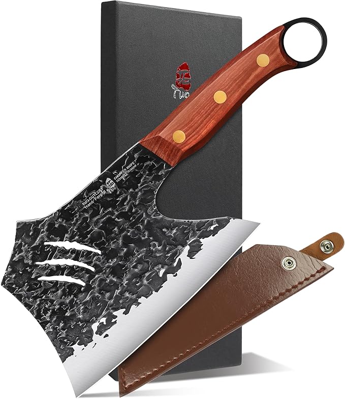 TUO Wild Forged Meat & Bone Cleaver Knife, 7 inch Heavy Duty Butcher Knife with Sheath, Bone Cutter for Meat Cutting, Kitchen Outdoor Cooking, Gift - Red Sandalwood Handle
