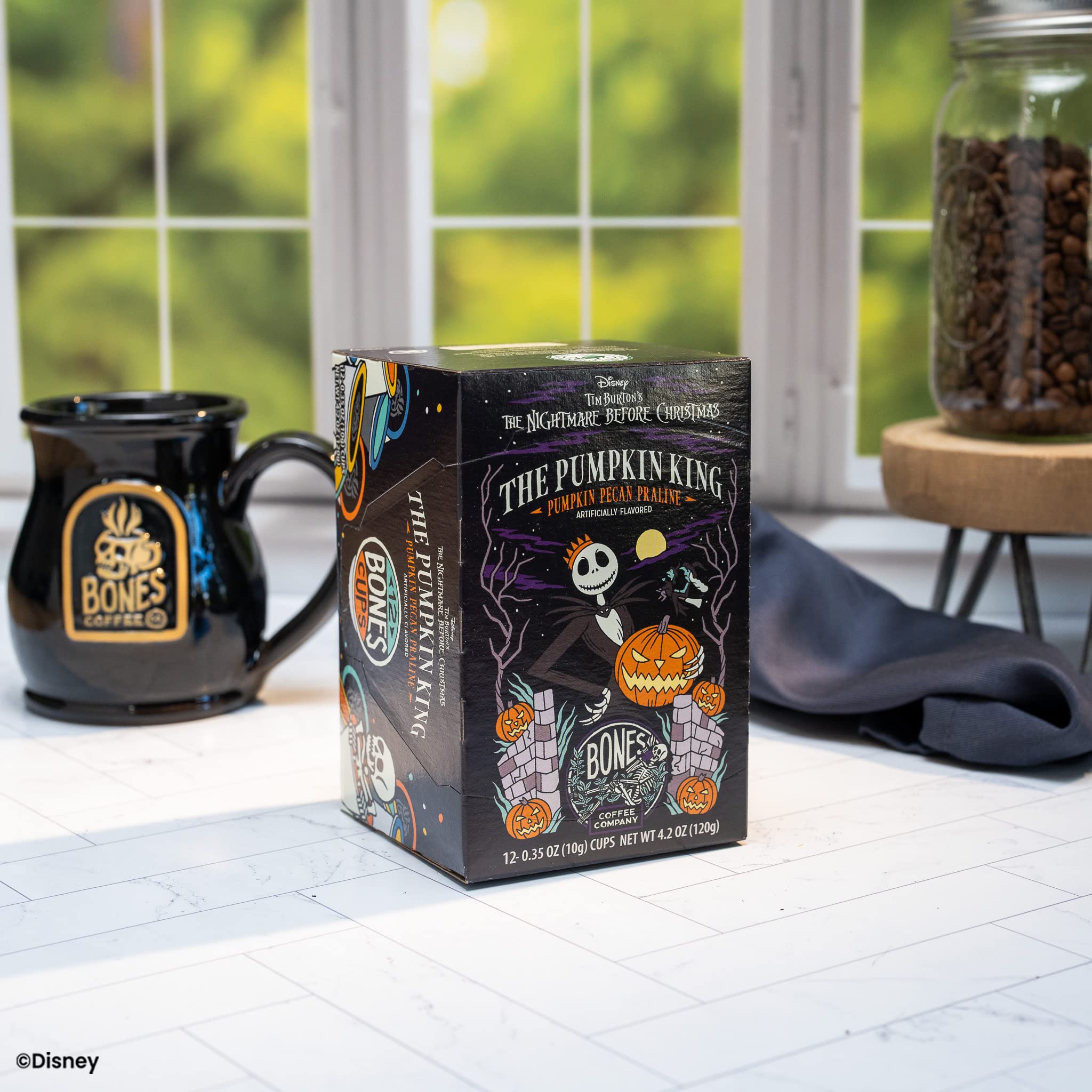 Bones Coffee Company Pumpkin King, Pumpkin Pecan Praline Flavored Coffee Pods, Low Acid Medium Roast Single-Serve Bones Cups for K-Cups Coffee Maker from The Nightmare Before Christmas, 12 Count
