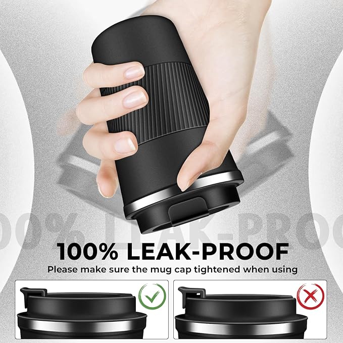 Insulated Coffee Tumbler 17 oz, Stainless Steel Coffee Mug with Lids, Travel Coffee Mug Leak Proof, Double Wall Vacuum Insulated Reusable Coffee Cup, Keep Drinks Hot and Cold (Black, 17 Ounces)