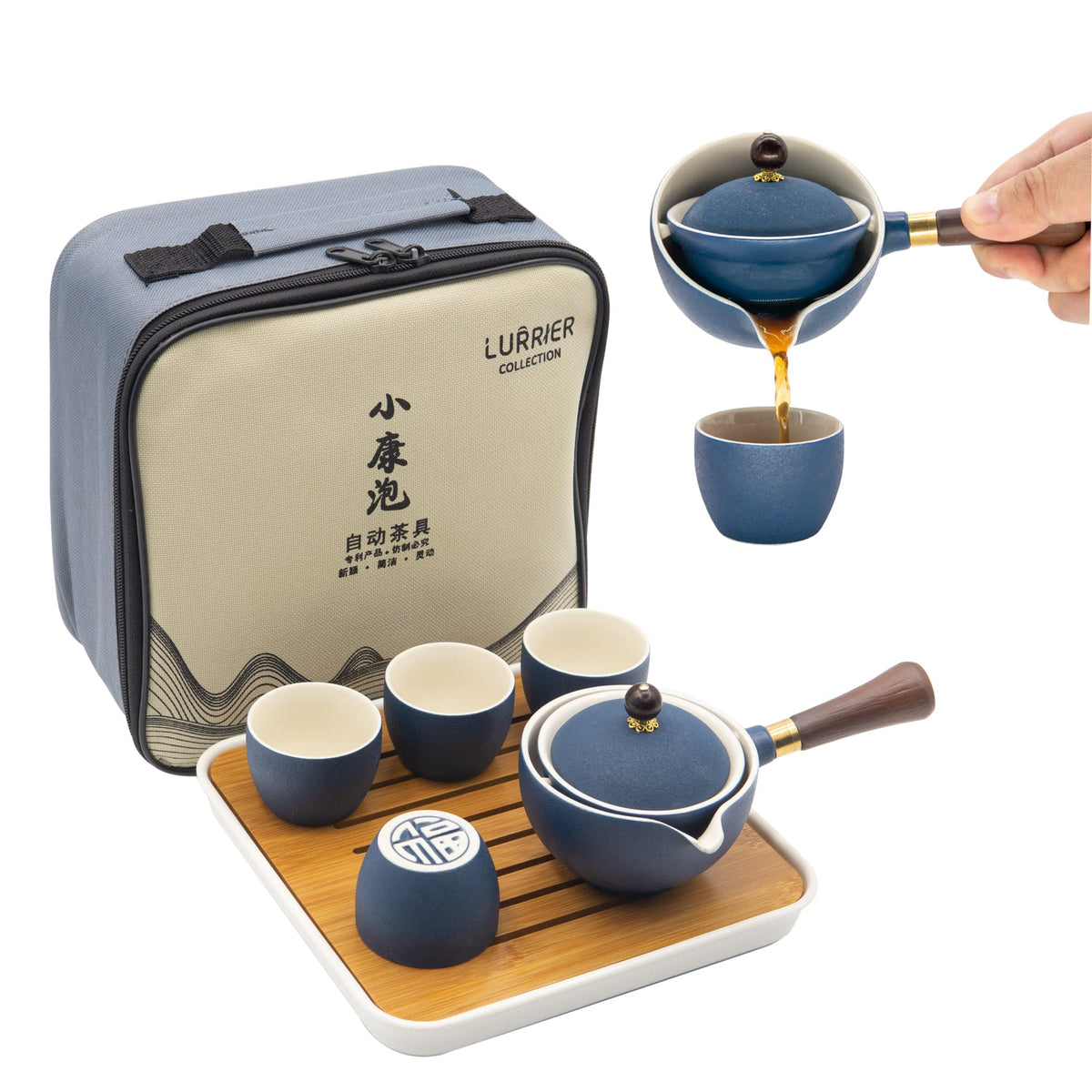 LURRIER Porcelain Chinese Gongfu Tea Set,Portable Teapot Set with 360 Rotation Tea maker and Infuser,Portable All in One Gift Bag for Travel,Home,Gifting,Outdoor and Office (Kitty Cat)