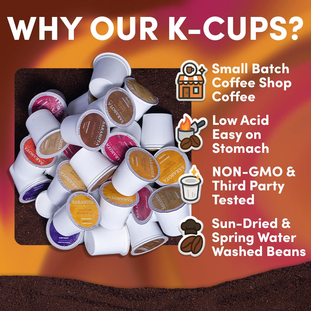 Sarasota K-Cup Coffee Pods | Medium Roast Flavored Coffee | Flavored Variety K Cups | Single Serve for Keurig Brewers | Gourmet, Low Acid, Mold Free | 24 Count