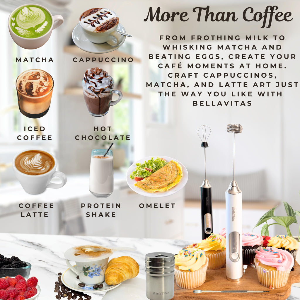 BellaVitas Milk Frother Handheld Rechargeable 3-Speed Electric Frother Wand Whisk Foam Maker Drink Mixer with Stand, 2 Whisks, Spice Shaker, Art Stencils, Art Pen for Coffee Latte, Cappuccino, Black