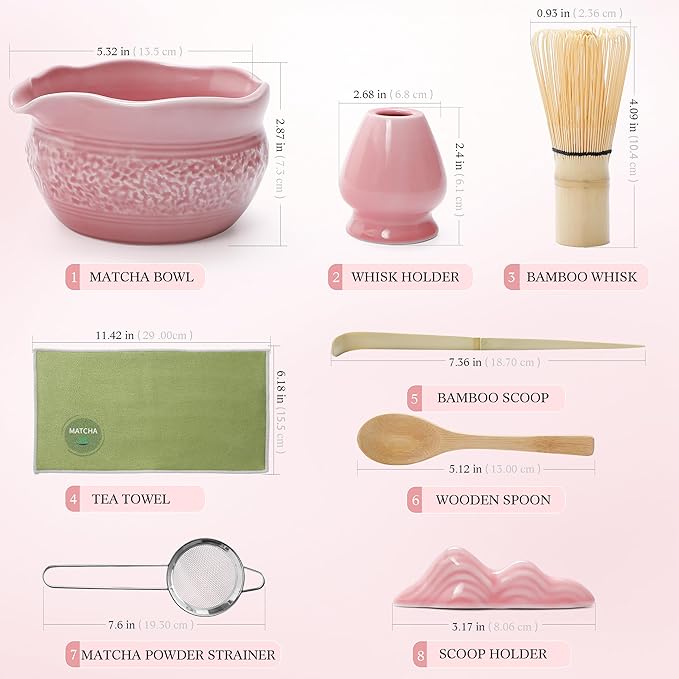 Matcha Whisk Set, Pink Matcha Set, 8 Pcs Complete Ceramic Matcha Making Kit with Bowl, Bamboo Whisk & Holder, Stainless Sifter, Tea Towel, Scoop & Scoop Rest, Perfect for Beginners & Lovers