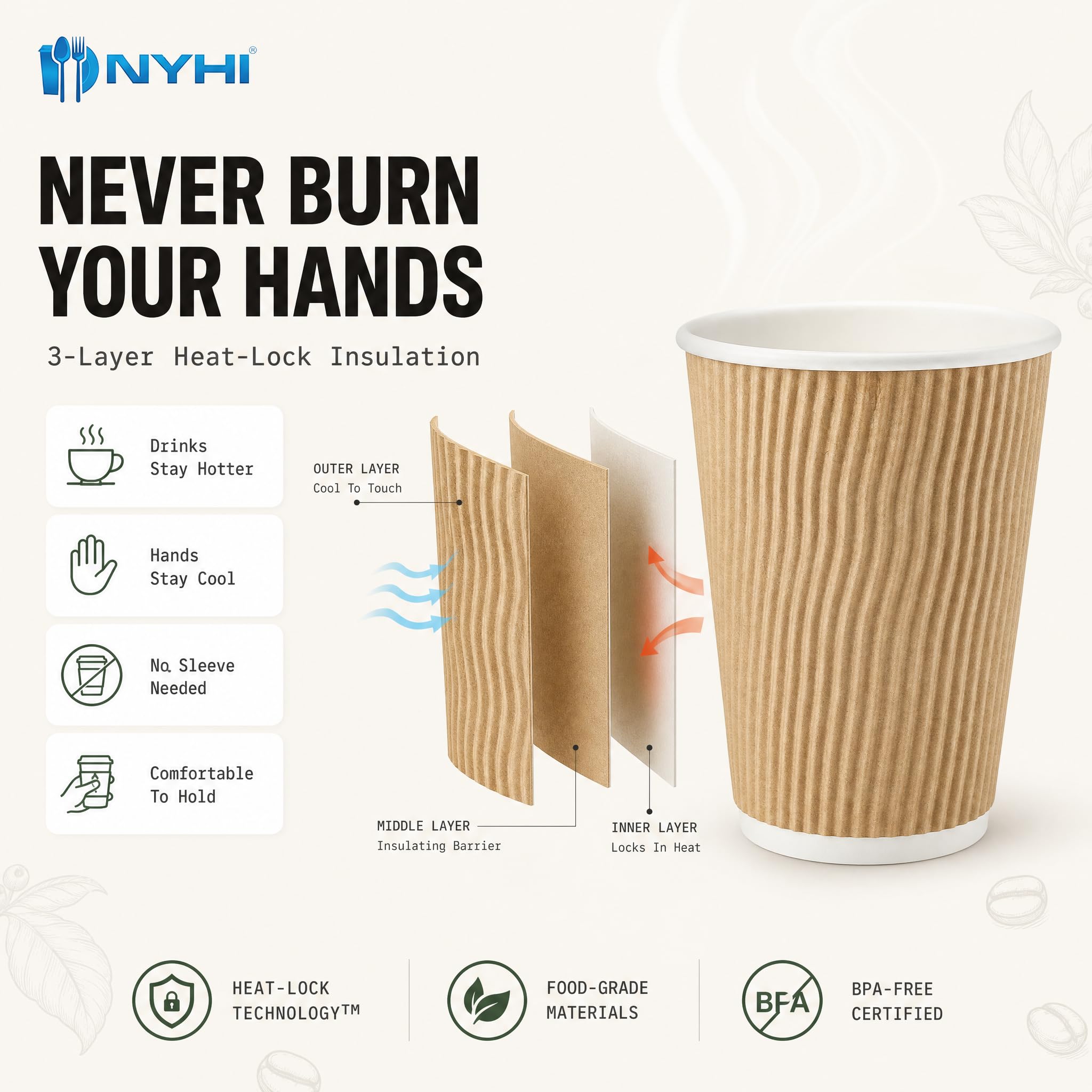 NYHI 150 10 oz Ripple Kraft Paper Cups Brown Hot Cold Cups 3 Layer Rippled Small Insulated Disposable Coffee Cups for Cappuccino Hot Cocoa or Iced Drinks