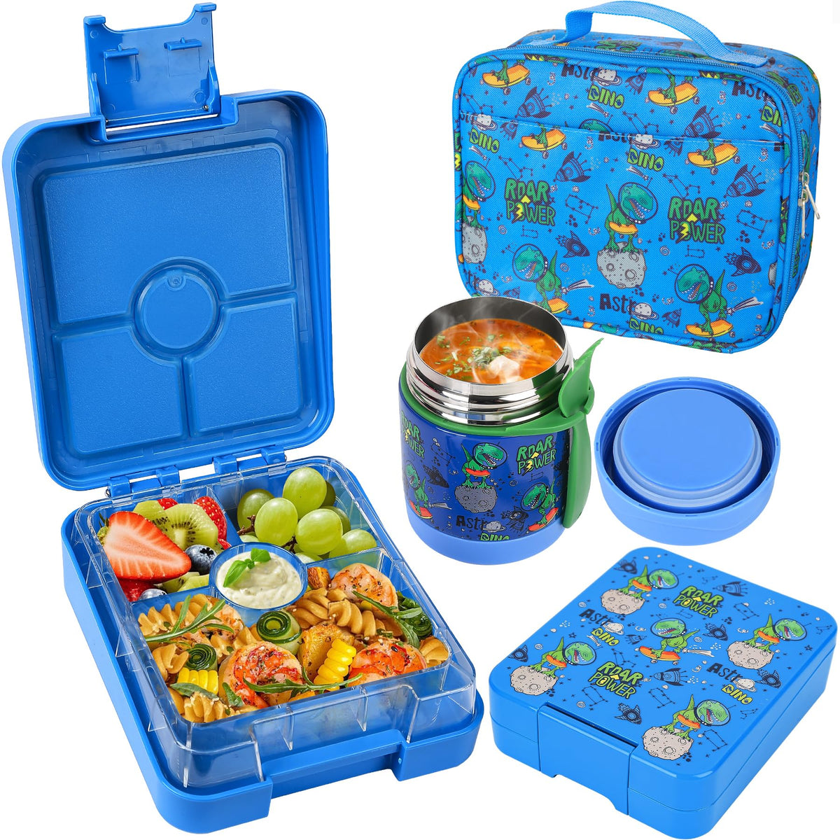 Pawtong Bento Lunch Box Set With 10oz Soup Thermo, Leak-proof Lunch Containers with 4 Compartment, Kids Hot Thermo Food Jar/Insulation Lunch Bag, Food Containers for School（Flamingo）