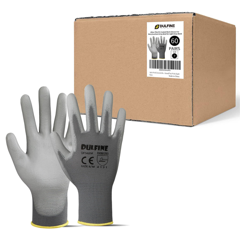 DULFINE Safety Work Gloves for Men 60 Pairs, Ultra-Thin PU Coated Grey S