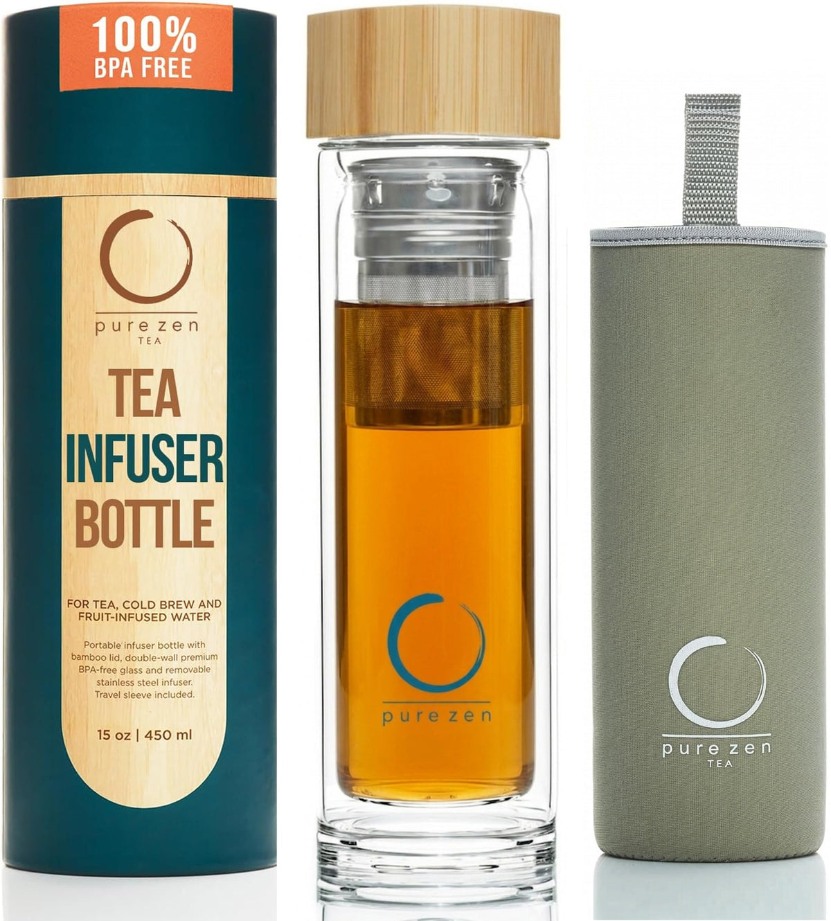 Pure Zen Tea Glass Tea Infuser Bottle, Leakproof, Tea Tumbler with Infuser