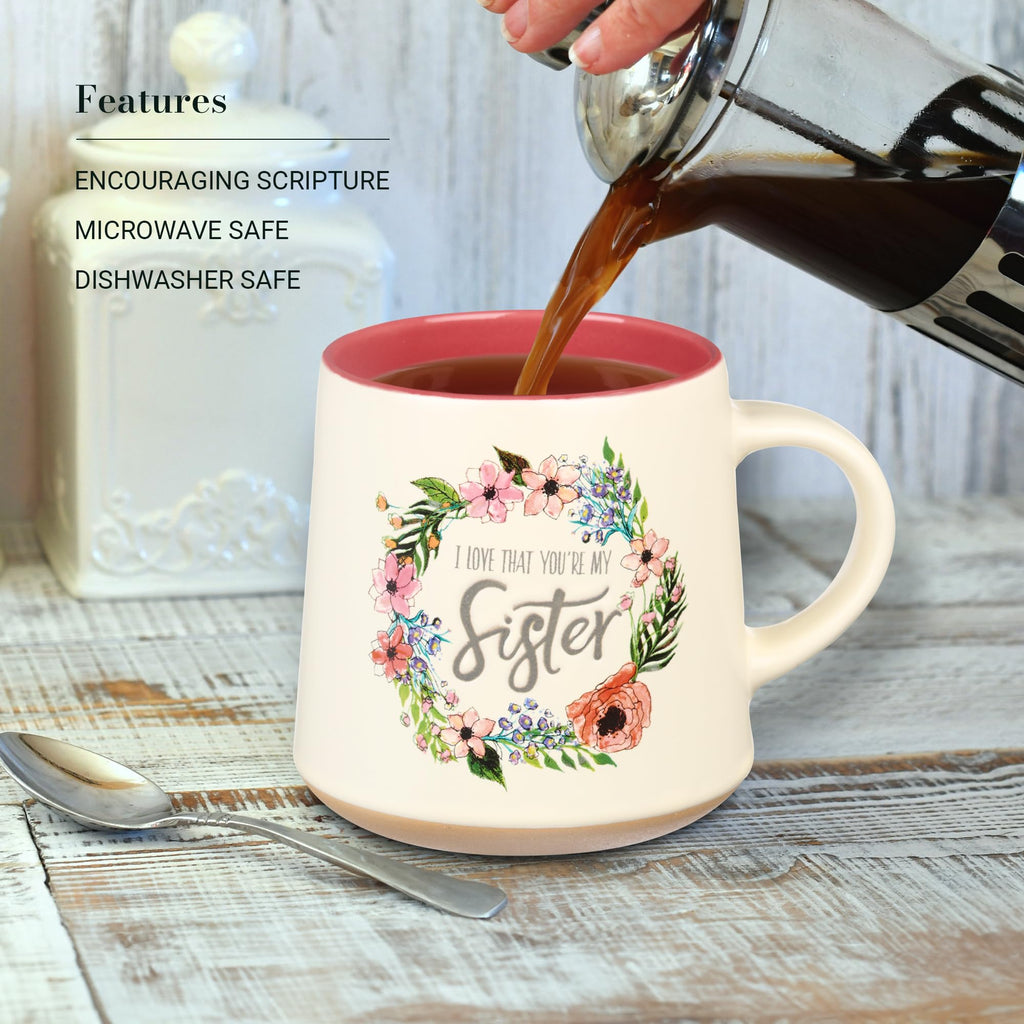 Christian Art Gifts Floral Pink Ceramic Coffee Mug – 14 oz. Microwave and Dishwasher-Safe Inspirational Scripture Coffee and Tea Mug for Women with Bible Verse: Love That You're My Sister –Eccles. 4:9