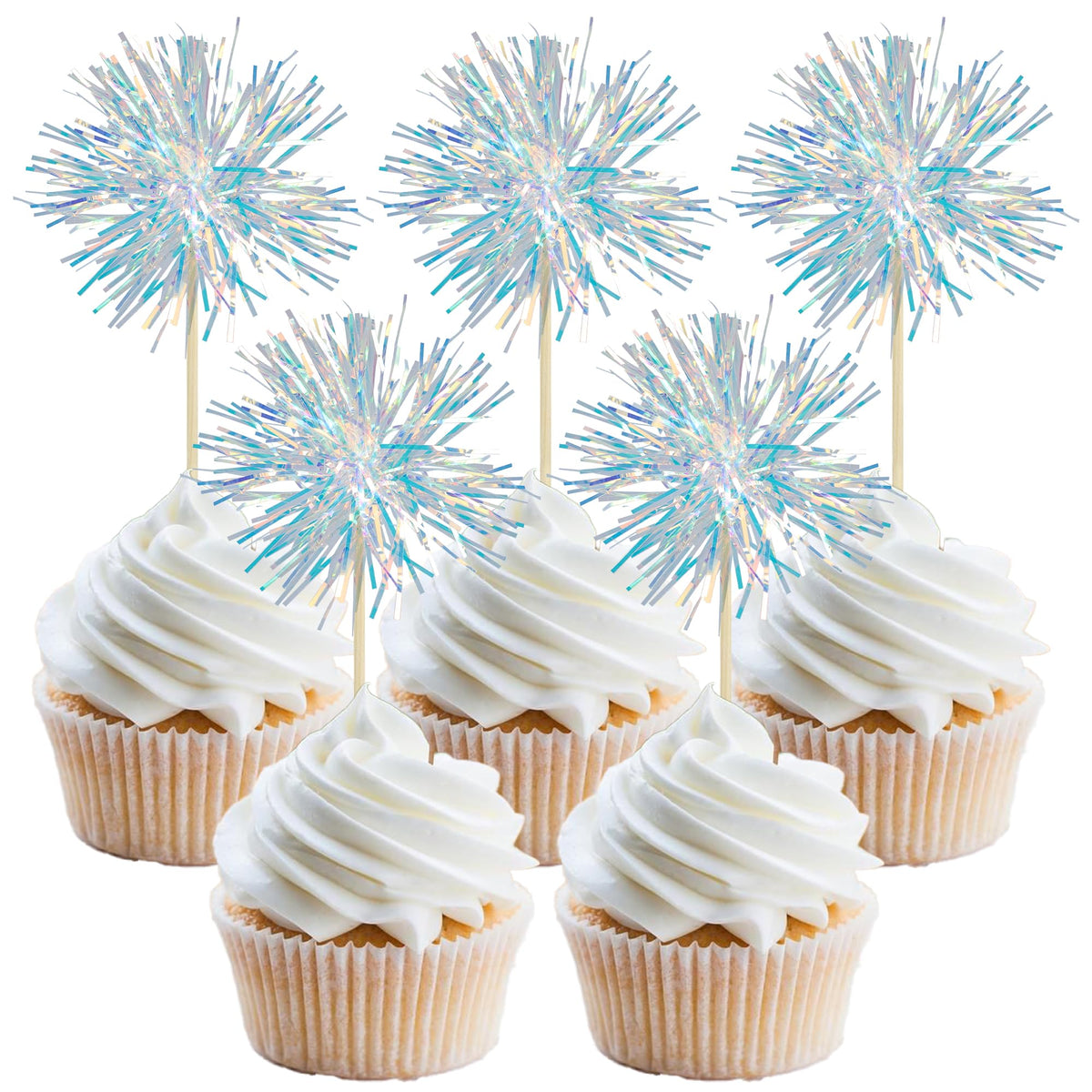 Gyufise 30Pcs Foil Firework Cupcake Toppers Sparkle Tinsel Cake Toppers Tinsel Drink Cake Decoration Cocktail Picks for Birthday Wedding Graduation Party Supplies Dark Blue
