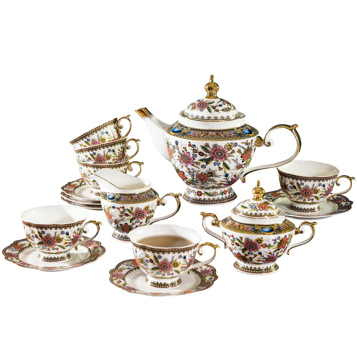 ACMLIFE Fine Bone China Tea Set, 13-Piece English Tea Set for Adults, Afternoon Tea Sets for Women Tea Party or Gift Giving, Pink and Gold