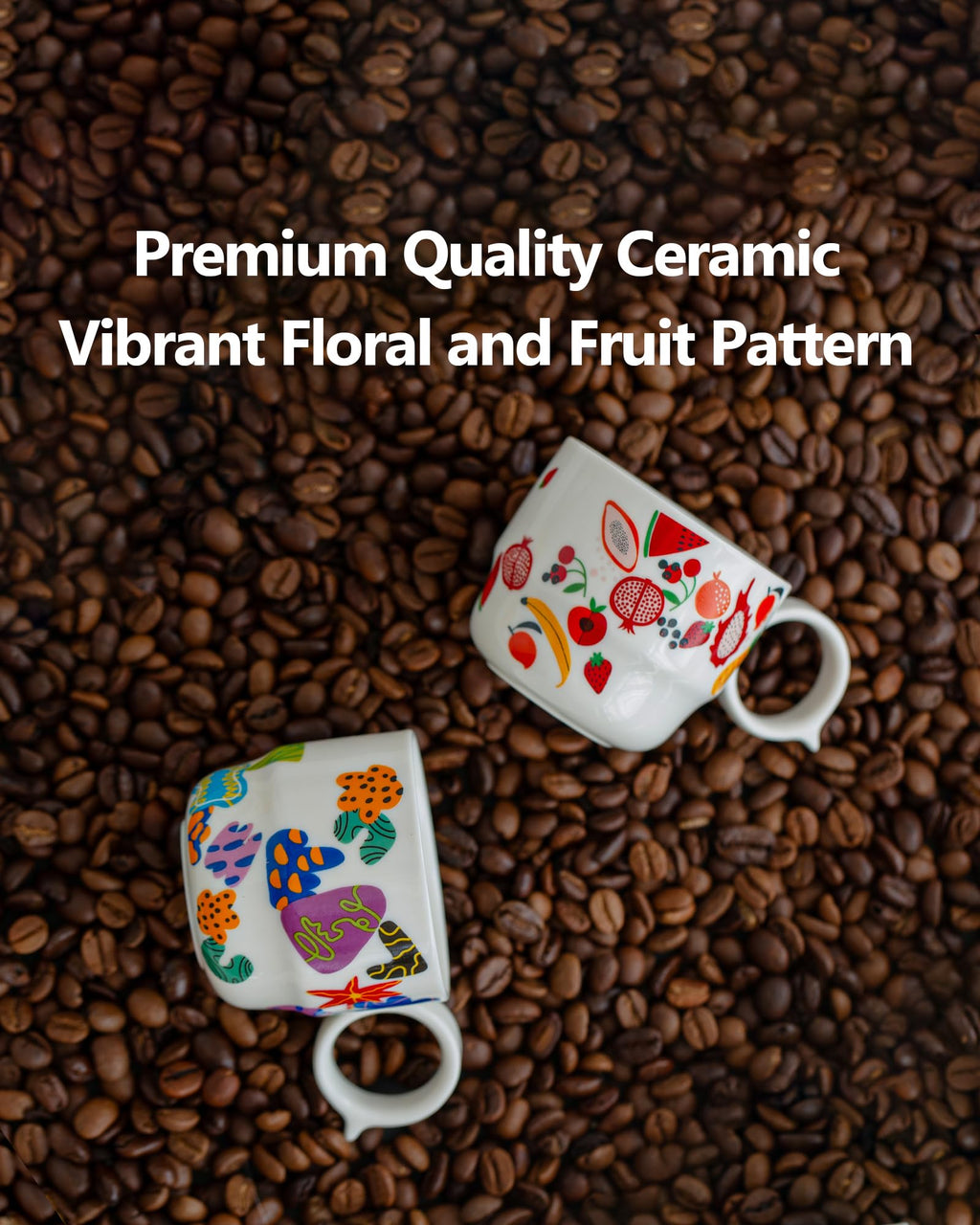 BOILMERIT Ceramic Espresso Cups Set of 2 – Mini 3 oz Double Espresso Coffee Cups Small Espresso Shot Cups with Cute Q Handle, Gift for Coffee Lovers, Floral and fruit Patterns-White