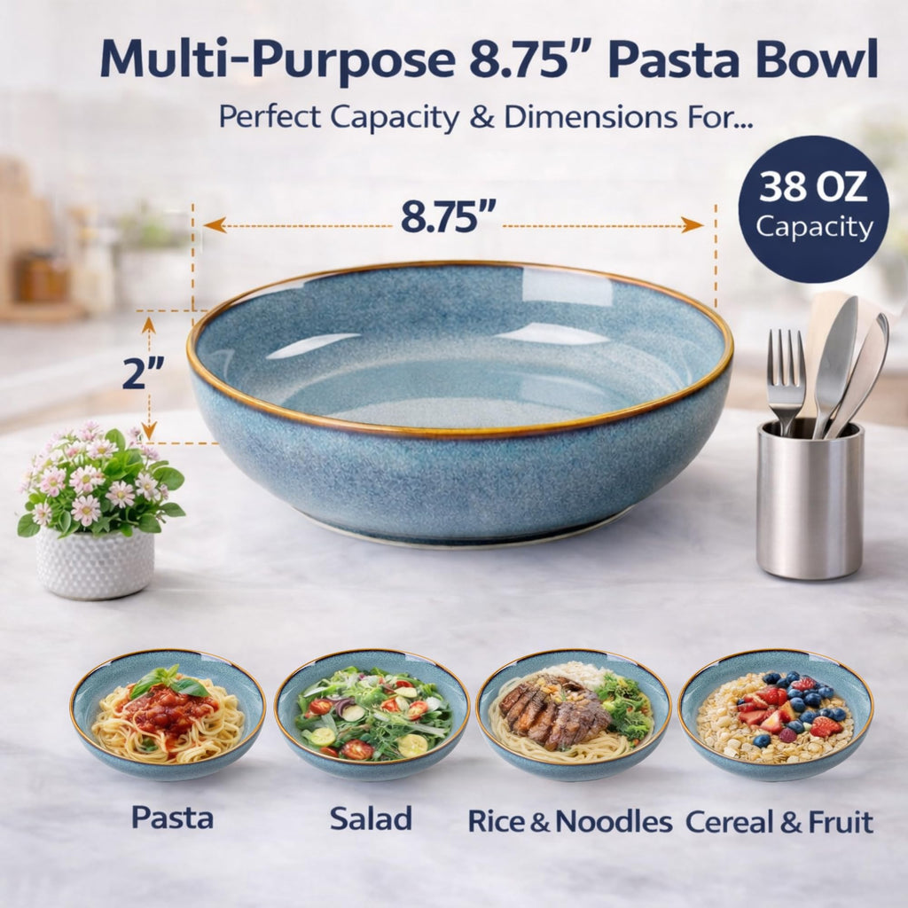 GBhome 8.75'' Large Ceramic Pasta Bowls, 38oz Stoneware Pasta Serving Bowls Set of 4 for Kitchen, Wide Bowls for Fruit,Pasta,Salad,Oatmeal,Meal, Microwave Safe, Reactive Glaze-Space Blue