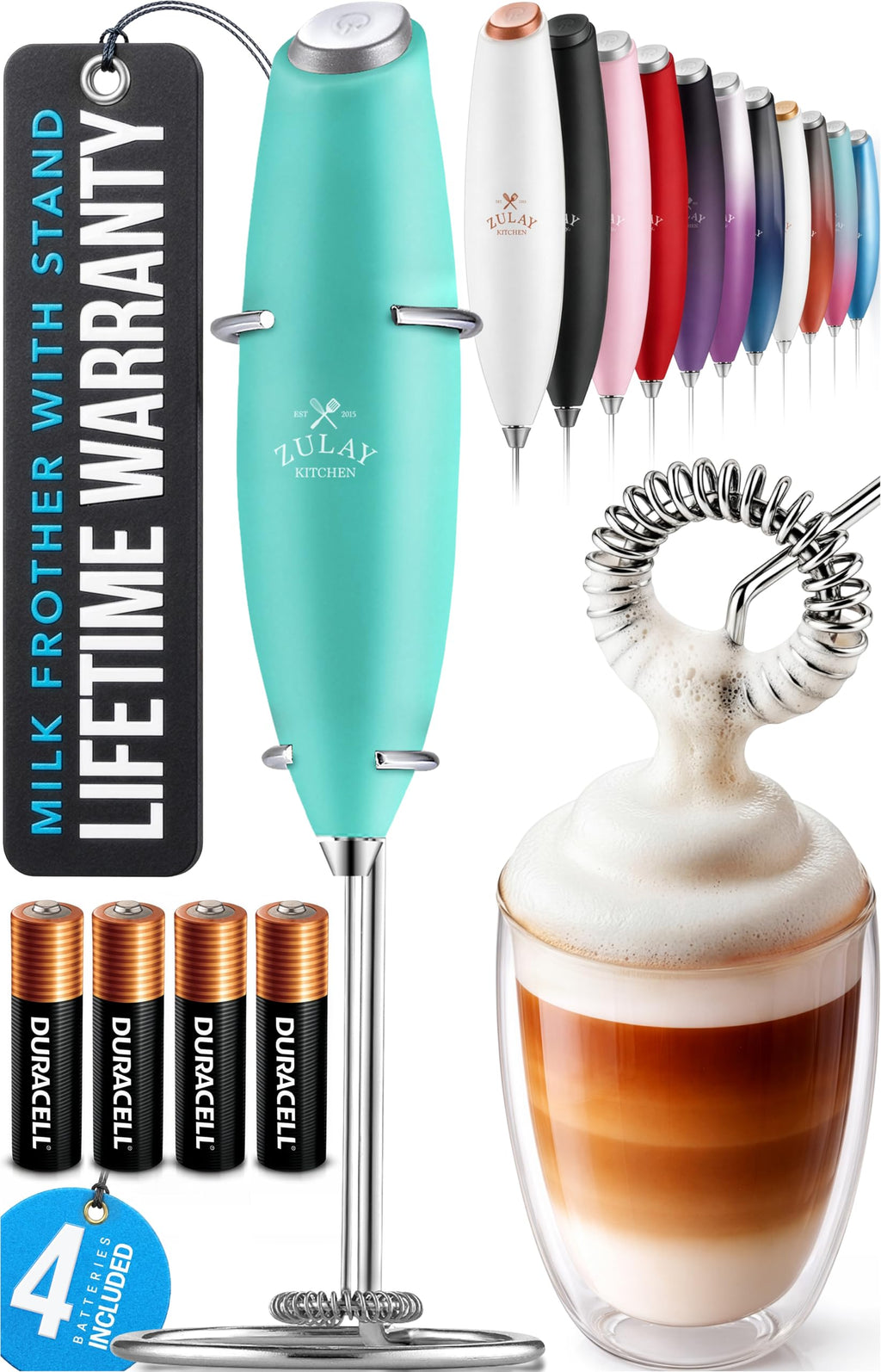 Zulay Kitchen Powerful Milk Frother Wand With Duracell Batteries - Ultra Fast Handheld Drink Mixer - Electric Whisk Foam Maker for Coffee, Lattes, Cappuccino & Matcha - Z1 Motor - Aqua