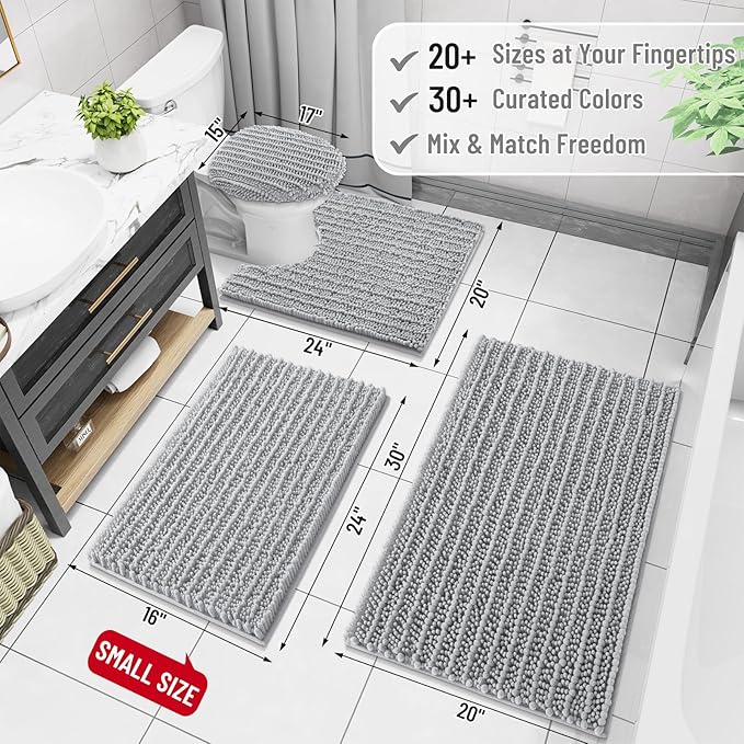 Arotive Luxury Chenille Bathroom Rug Mat, Extra Soft Thick Absorbent Shaggy Bath Rugs, Non-Slip Machine Wash Dry, Plush Bath Mats for Bathroom, Shower and Tub, 30x17, Light Grey