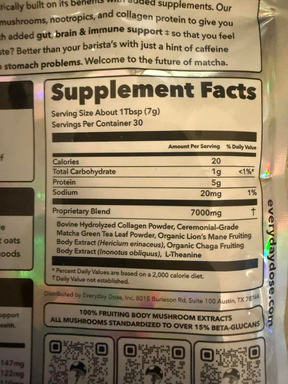 Everyday Dose Mushroom Matcha+ Ceremonial Grade Matcha Powder - Japanese Tea With Grass-Fed Collagen, Lion's Mane, Chaga, L-Theanine - For Better Focus, Energy, Digestion and Immunity - 30 Servings