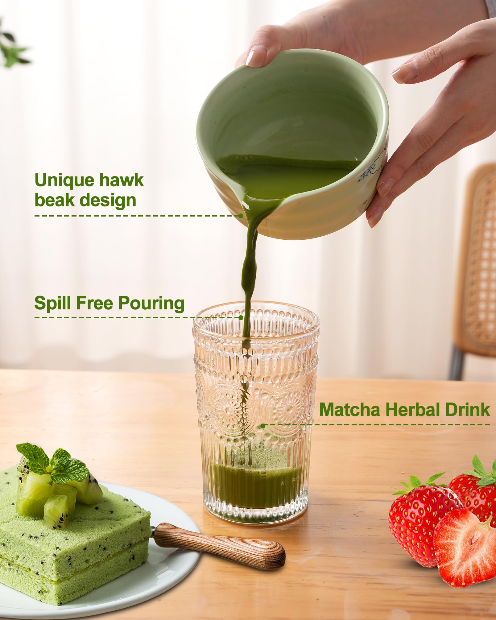 Matcha Whisk Set, Ceramic Matcha Set Includes Matcha Bowl, Matcha Whisk and Holder, Bamboo Scoop, Scoop Rest, Sifter and Tea Towel - 7 Pcs Matcha Kit(Green)