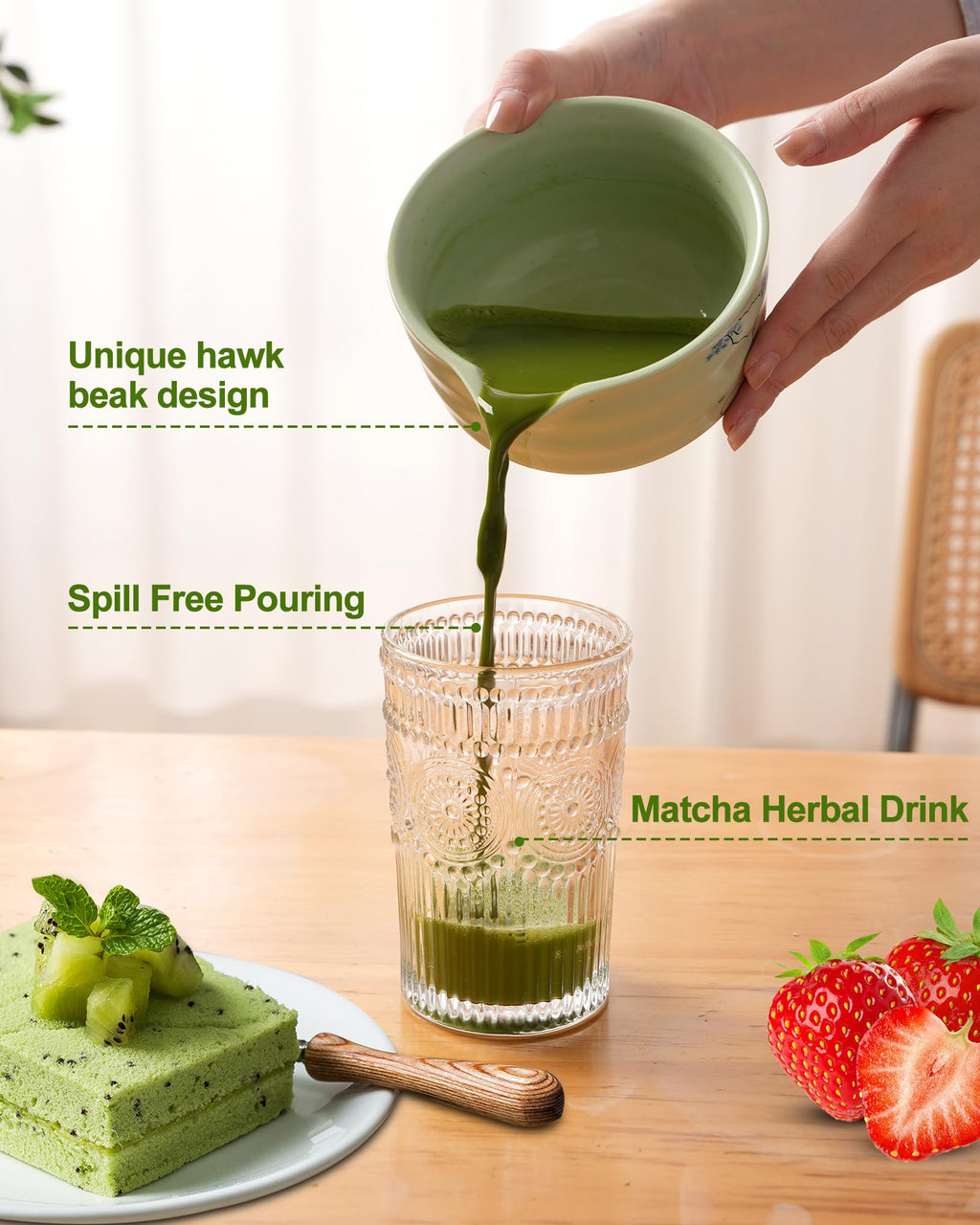 Matcha Whisk Set, Ceramic Matcha Set Includes Matcha Bowl, Matcha Whisk and Holder, Bamboo Scoop, Scoop Rest, Sifter and Tea Towel - 7 Pcs Matcha Kit(Green)