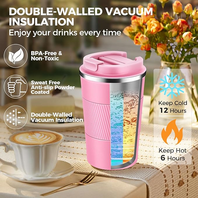 Volhoply 13 oz Stainless Steel Insulated Travel Coffee Mug with Fip Lid Bulk 2 Pack,Reusable Double Wall Vacuum Metal Coffee Cup,Portable Leak Proof Thermal Tumbler for Hot & Cold Drinks(Mix,2)