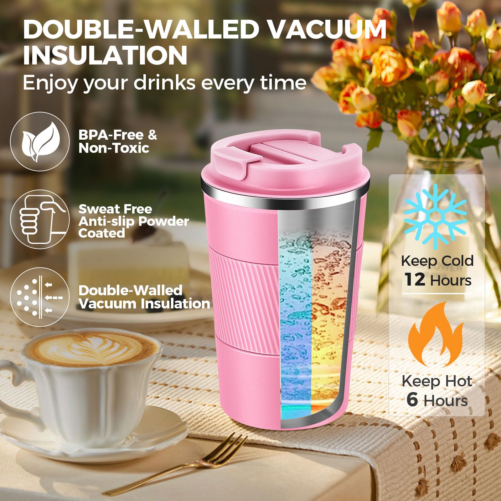 Volhoply 13 oz Stainless Steel Insulated Travel Coffee Mug with Fip Lid Bulk 4 Pack,Reusable Double Wall Vacuum Metal Coffee Cup,Portable Leak Proof Thermal Tumbler for Hot & Cold Drinks(Pink,4)