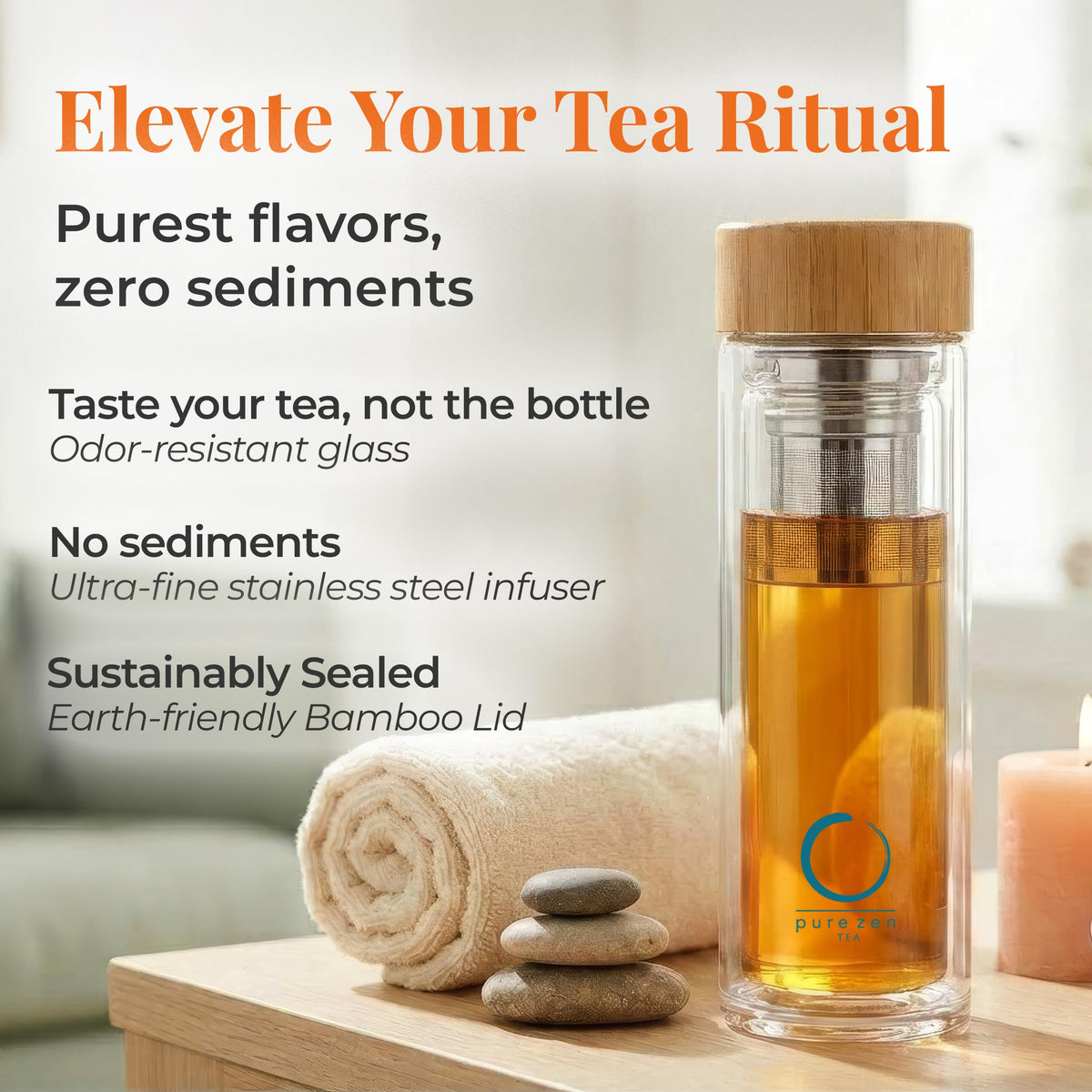Pure Zen Tea Glass Tea Infuser Bottle, Leakproof, Tea Tumbler with Infuser
