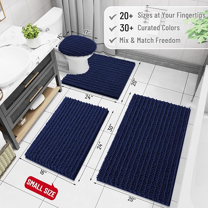 Arotive Luxury Chenille Bathroom Rug Mat, Extra Soft Thick Absorbent Shaggy Bath Rugs, Non-Slip Machine Wash Dry, Plush Bath Mats for Bathroom, Shower and Tub, 59x35, Navy