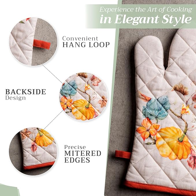 Maison d' Hermine 100% Cotton Oven Mitt & Pot Holder Set (7.5"x13" & 8"x8") Heat Resistant BBQ Cooking Gloves with Loop, Baking, Grilling, Kitchen, Handling Hot Pans (Potiron)