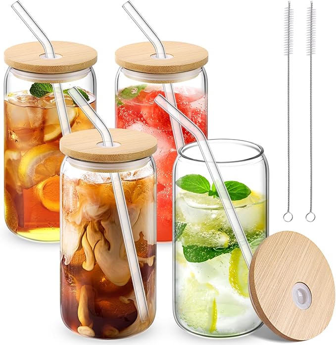 CWHHRN Glass Cups with Straw 6 Set, 16oz Beer Glasses, Glass Coffee Cups, Iced Coffee Glasses, Glass Tumbler for Whiskey, Soda
