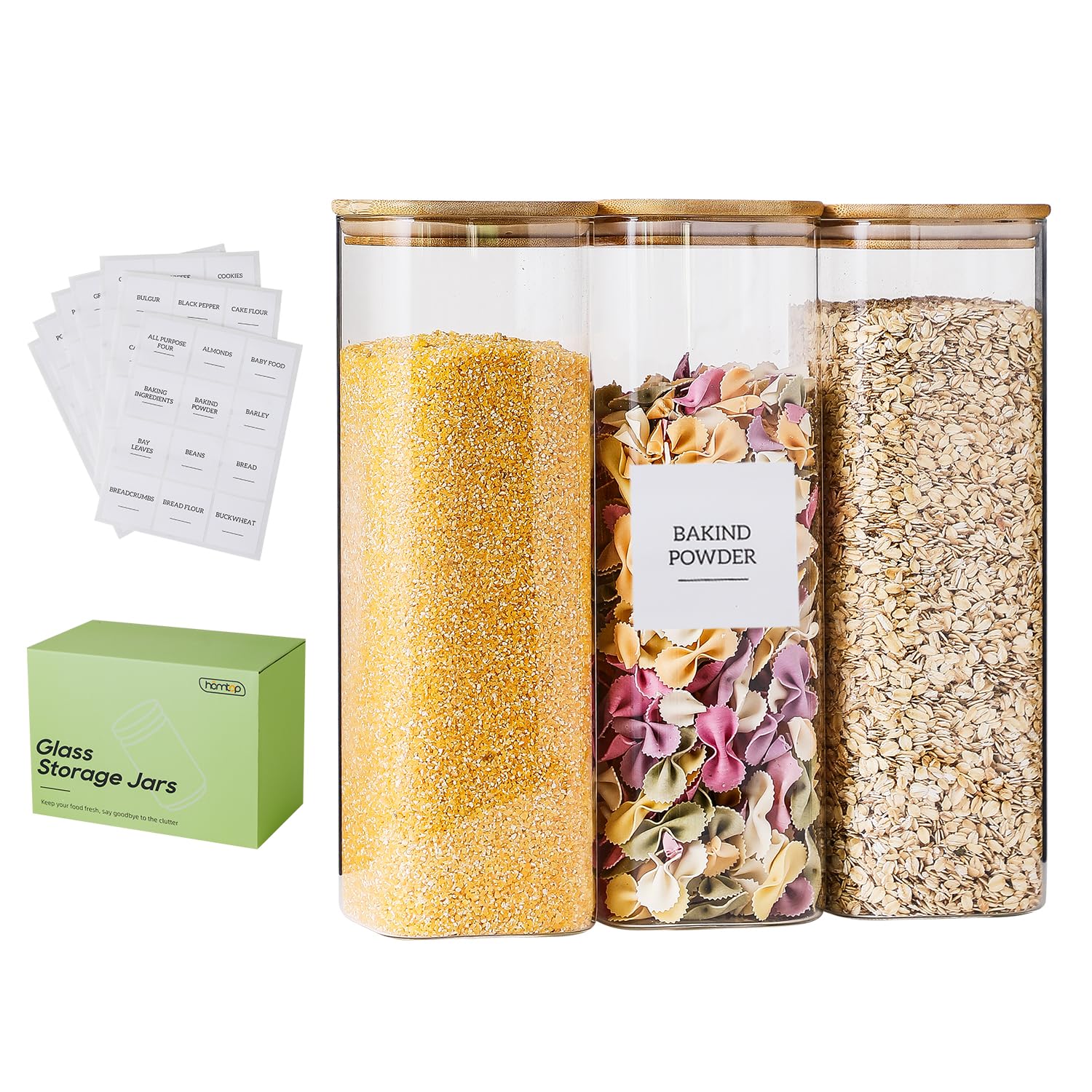Homtop Glass Jars with Bamboo Lids 3 Pack, 74 Oz Airtight Square Storage Container, High Borosilicate Glass Kitchen Canisters for Soild food, Nuts/Cookies/Sugar/Pasta