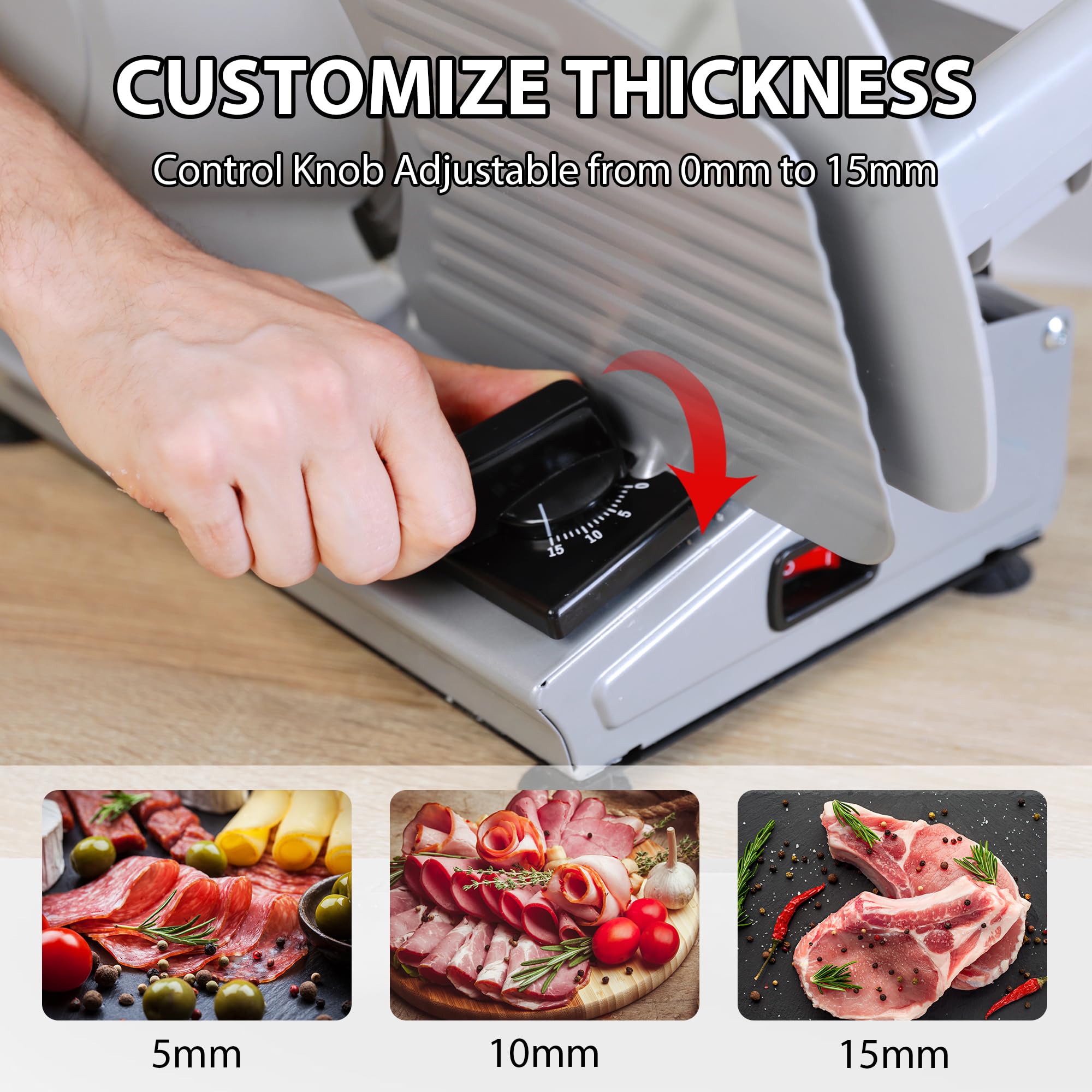 TOOGOOD 7.5" Electric Meat Slicer, Food Slicer Machine with Stainless Steel Blade, Adjustable Thickness for Home Use, Easy to Clean, Cuts Meat, Ham,Hard Cheese and Deli (Sliver)