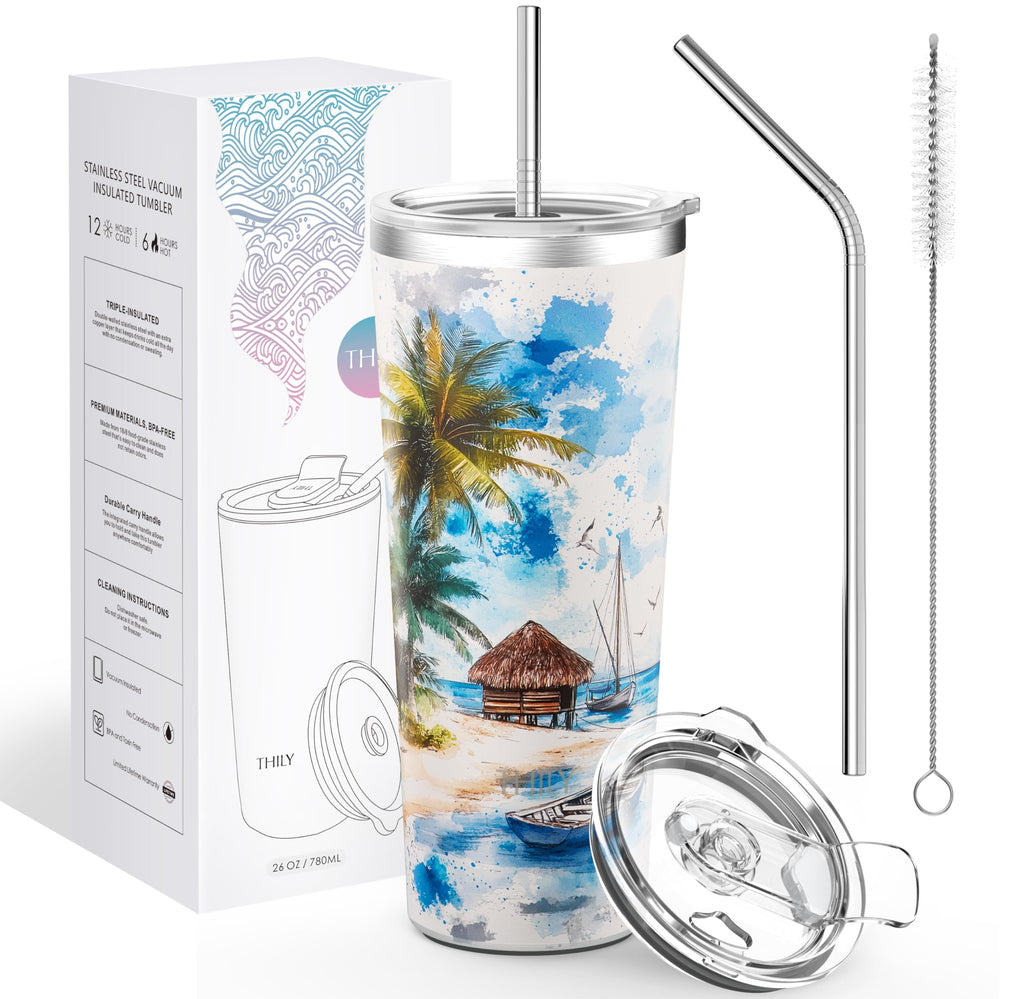 THILY Vacuum Insulated Stainless Steel Tumbler Travel Mug 26 oz Coffee Cup with 2 Lids and Straws, Splash Proof, Reusable, Keep Iced Drinks Cold, Coastal Breeze