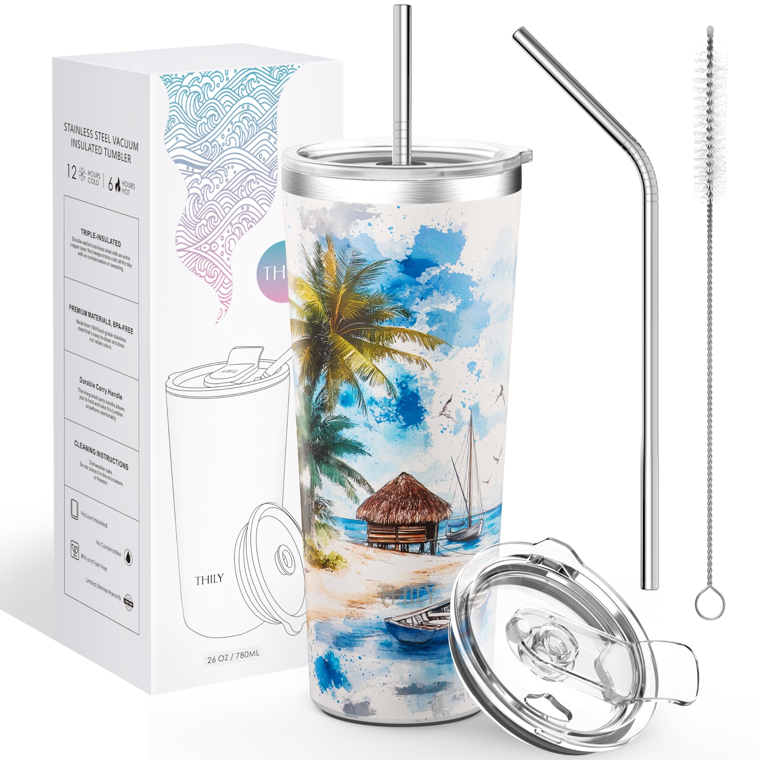 THILY Vacuum Insulated Stainless Steel Tumbler Travel Mug 26 oz Coffee Cup with 2 Lids and Straws, Splash Proof, Reusable, Keep Iced Drinks Cold, Coastal Breeze