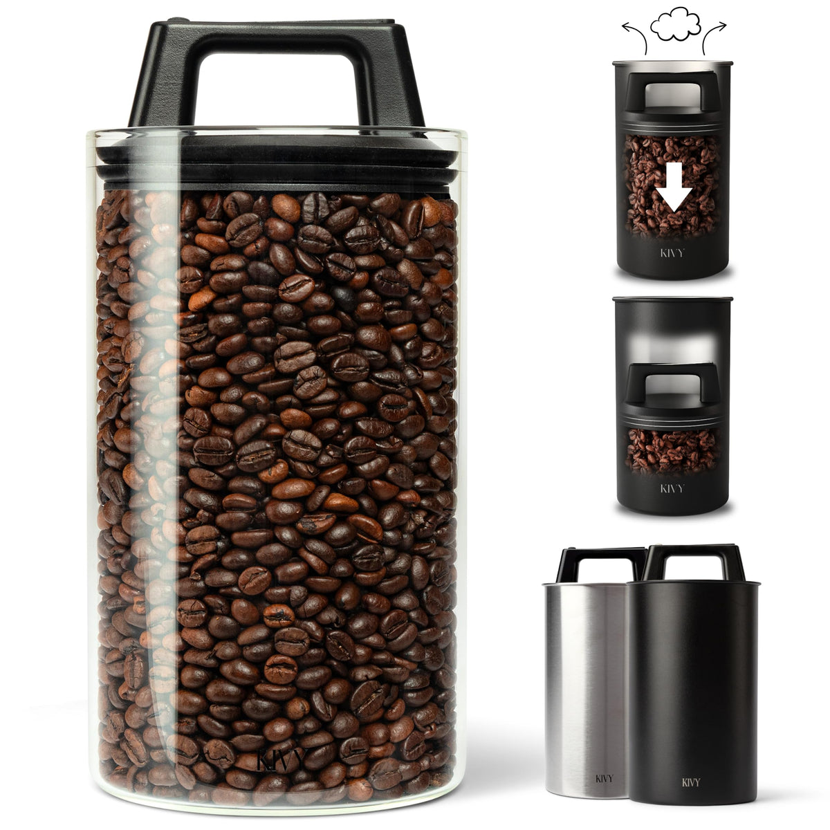 KIVY Vacuum Coffee Canister - Push Lid Preserves Coffee Aroma & Oil