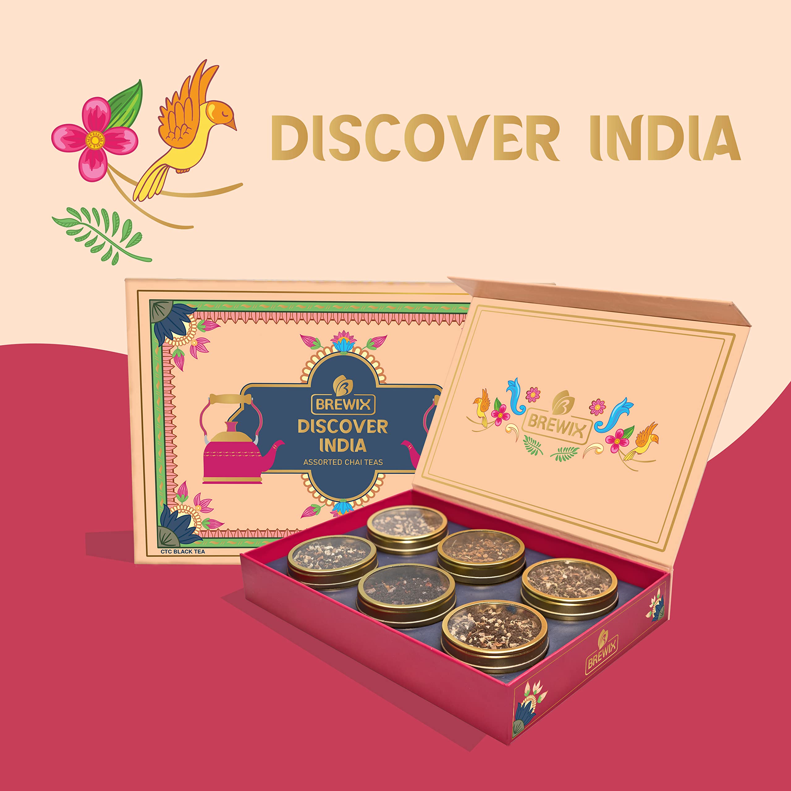 BREWIX, Discover India Premium Black Tea Christmas Gift Box (6.34oz/90+ Cups) | Tea Gift Sets For Tea Lover | 6 Unique Chai Teas | Best for Birthdays, Anniversaries & Holidays