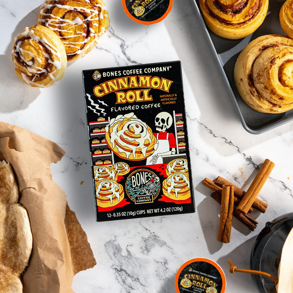 Bones Coffee Company Cinnamon Roll Flavored Coffee Pods, Low Acid Medium Roast Single-Serve Bones Cups, Compatible with 1.0 & 2.0 K-Cups Brewers Coffee Maker, 12 Count