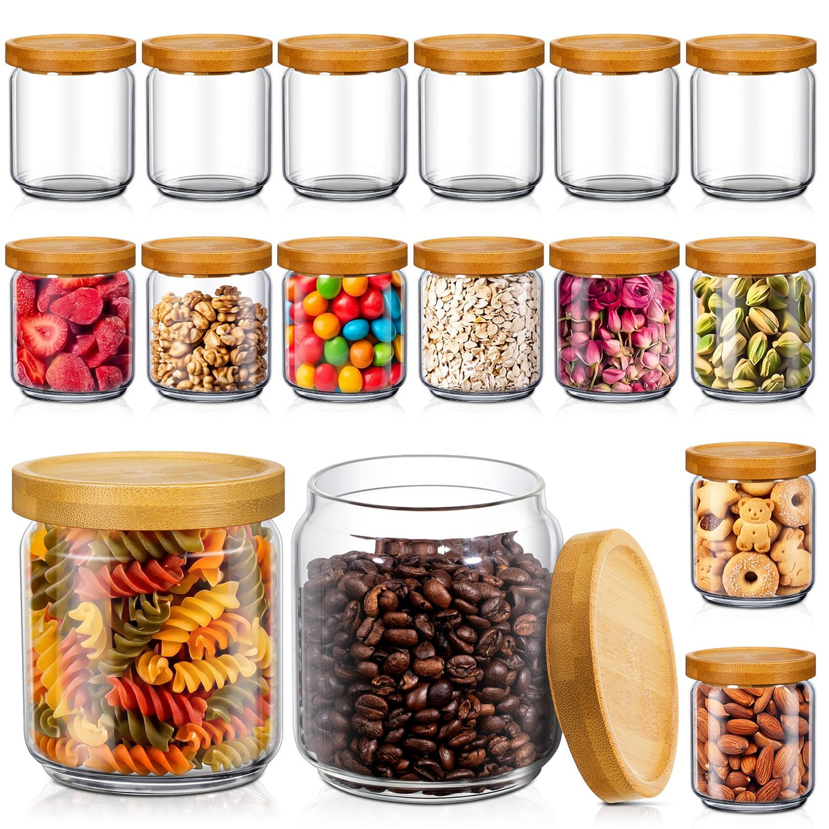 Irenare 16 Pack 17 oz Glass Containers with Lids, Food Storage Jars, Bamboo